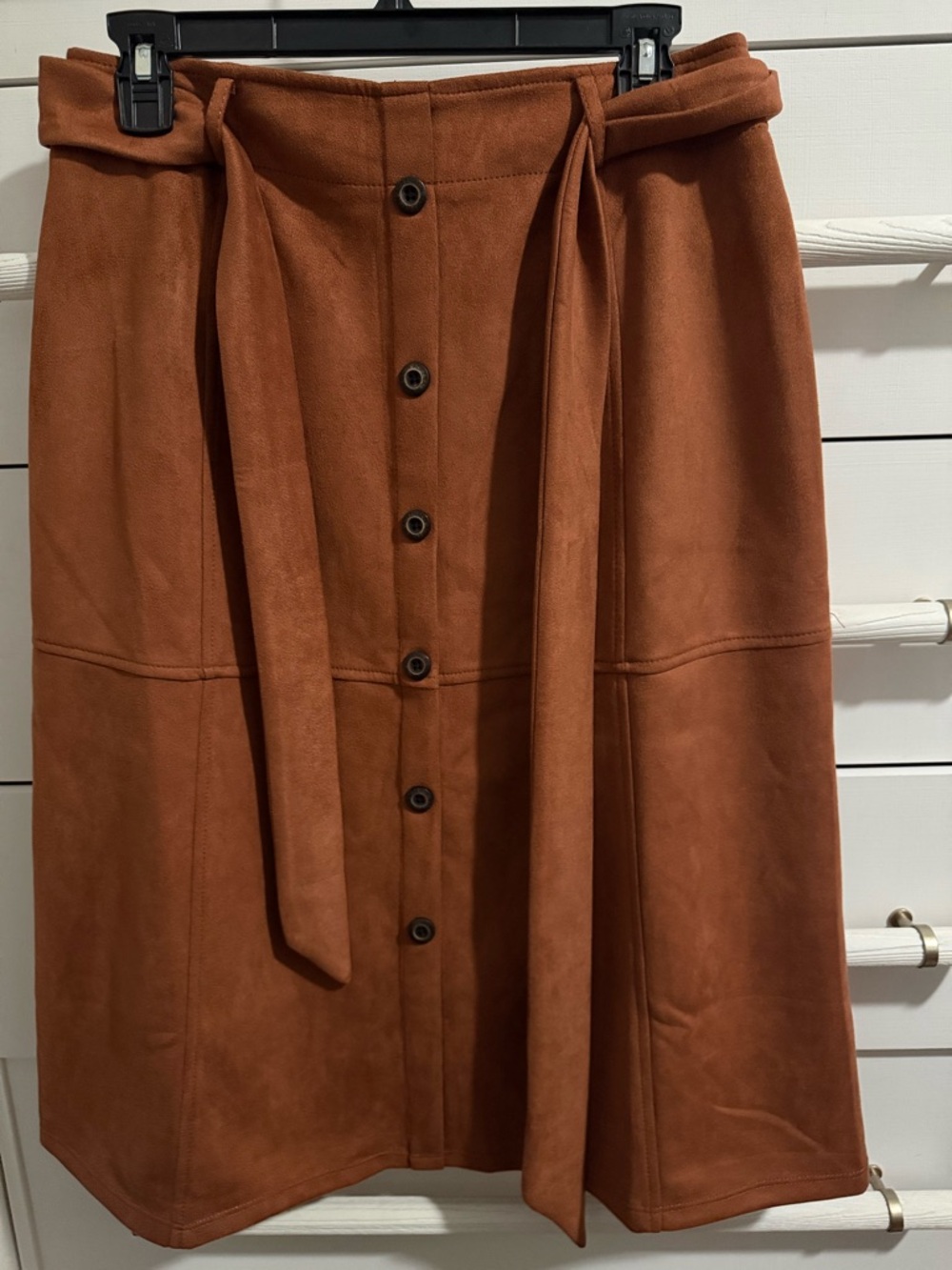 Shinestar Rust Button-Front A-Line Faux Suede Skirt with Self-Tie Belt